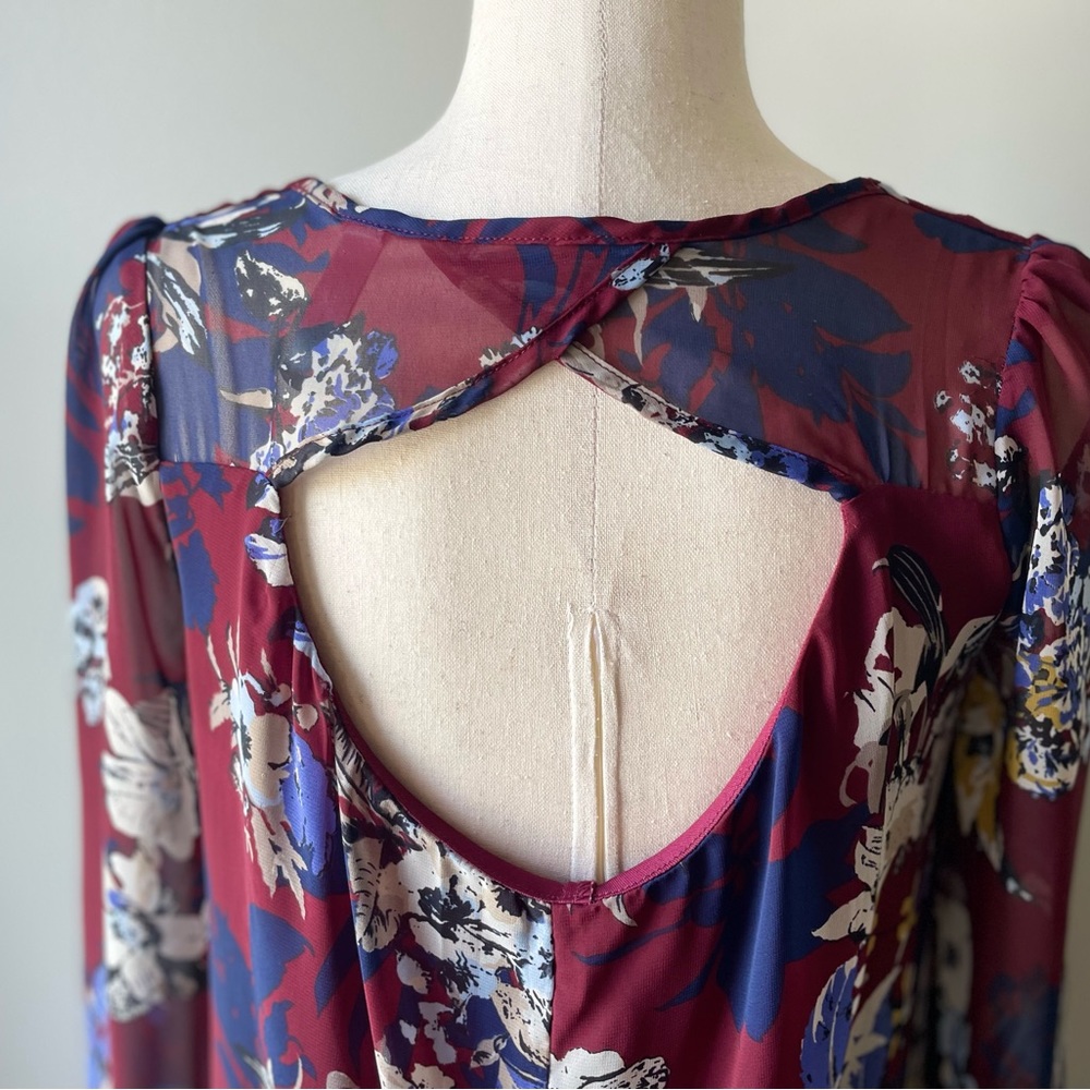 Peppermint | Long-Sleeve Boho Mini Dress | Maroon & Navy Floral | Small - Picture 6 of 6